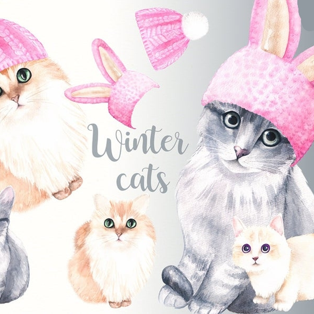 Kit Digital Gatinhos Gorro Rosa  1