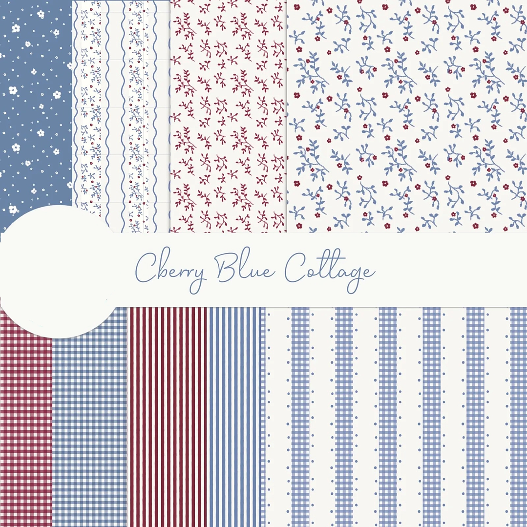 Kit Digital Papéis Cherry Cottege Azul e Vermelho 1