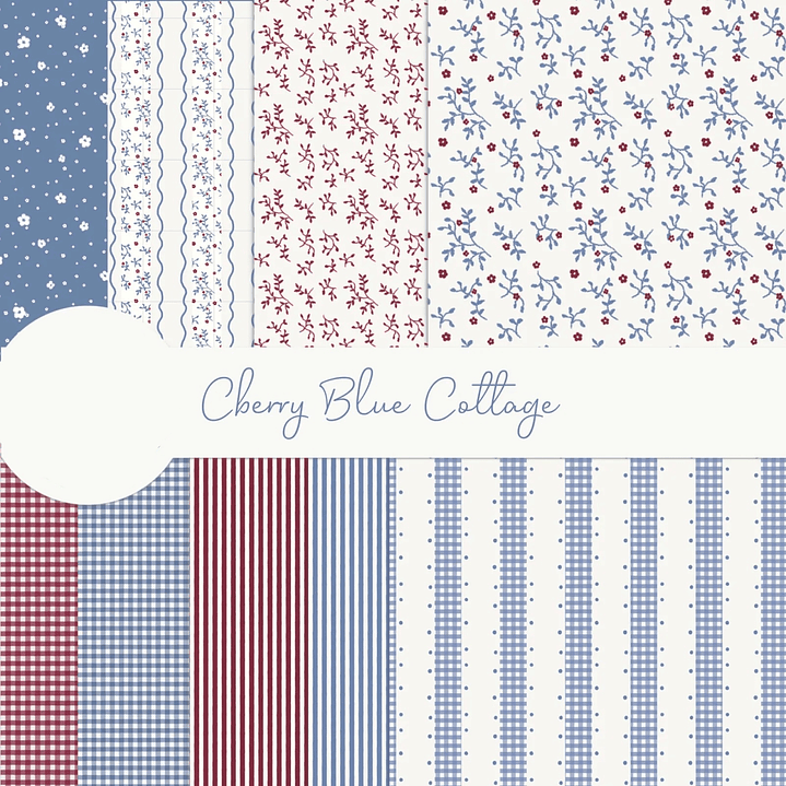 Kit Digital Papéis Cherry Cottege Azul e Vermelho 1