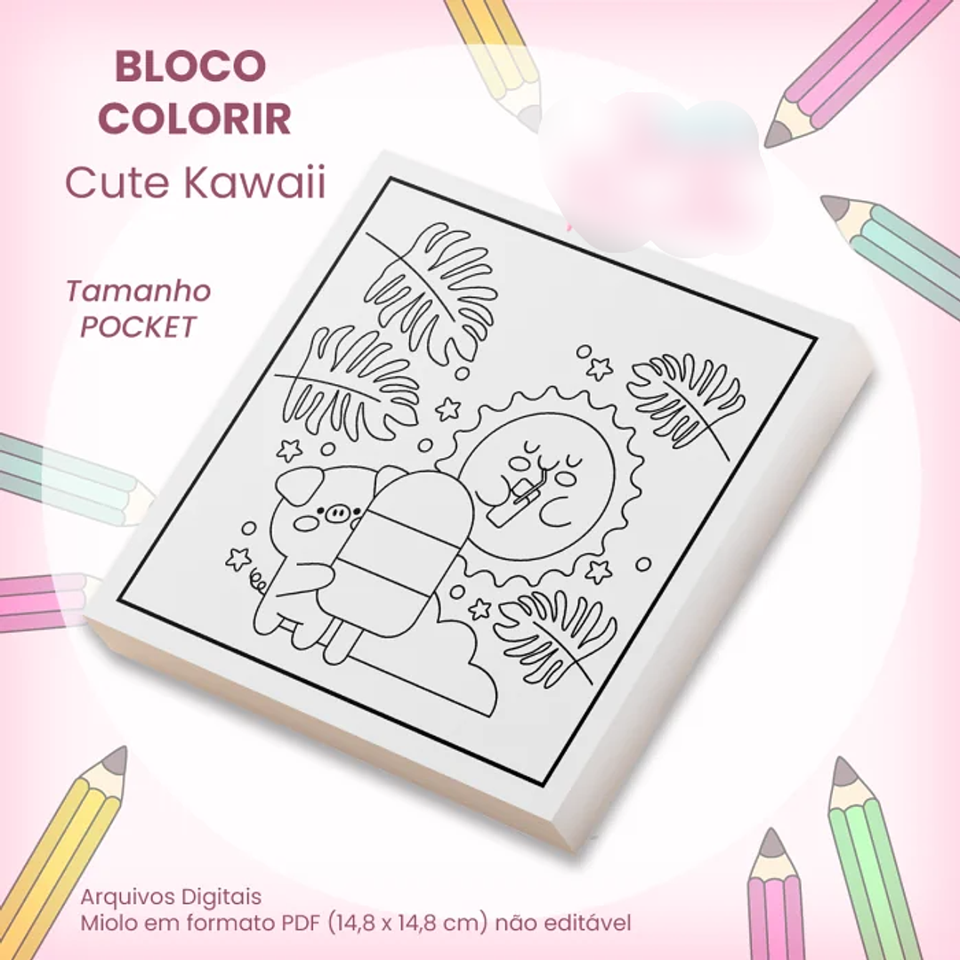 Arquivo Bloco Pocket para Colorir 14,8×14,8cm Cute Kawaii 1