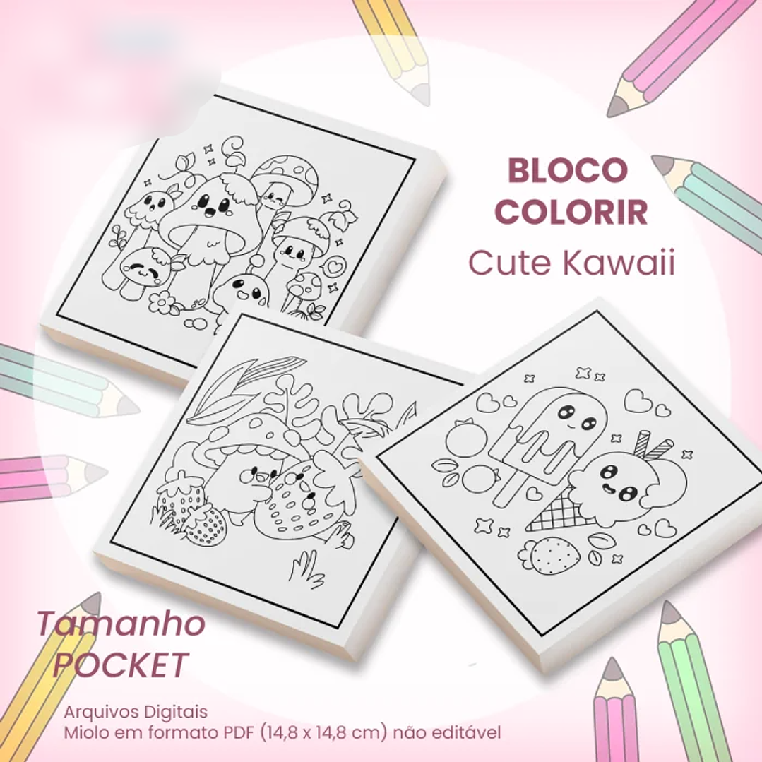 Arquivo Bloco Pocket para Colorir 14,8×14,8cm Cute Kawaii 2