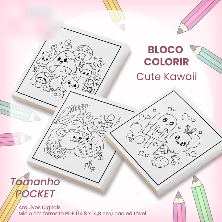 Arquivo Bloco Pocket para Colorir 14,8×14,8cm Cute Kawaii 2