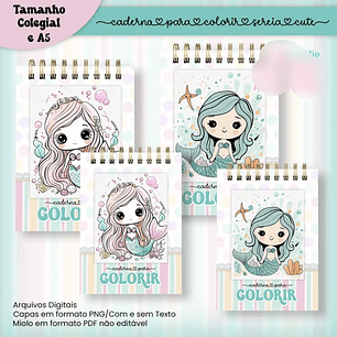 Arquivo Caderno para Colorir Sereia Cute - COLEGIAL e A5 