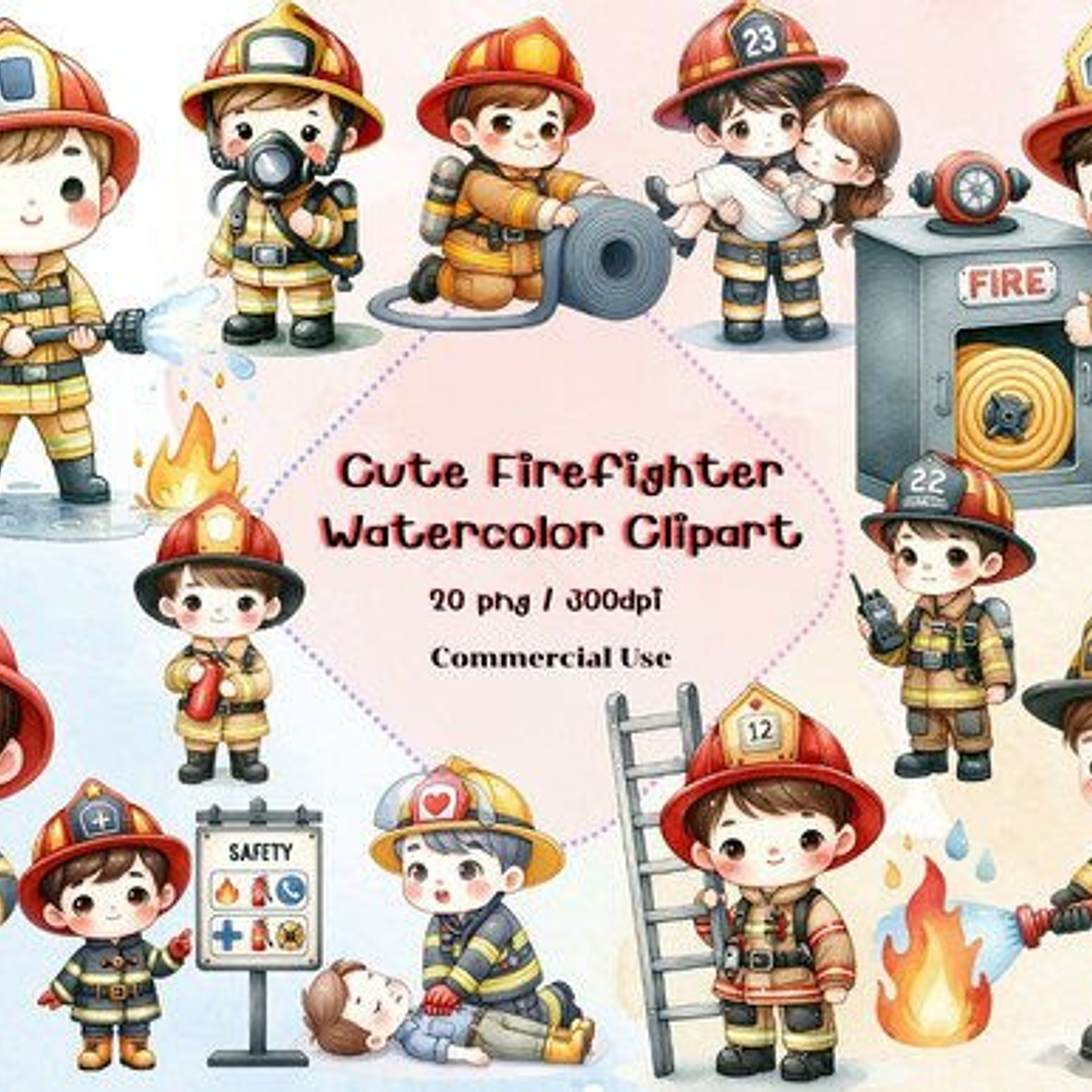 Kit Digital Bombeiro Aquarela Cute 1