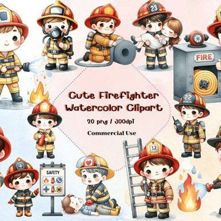 Kit Digital Bombeiro Aquarela Cute 1