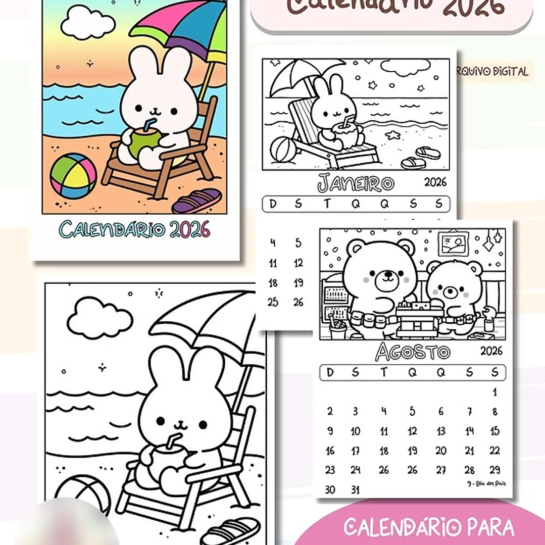 Arquivo Calendário Fofo 2026 Colorir  2