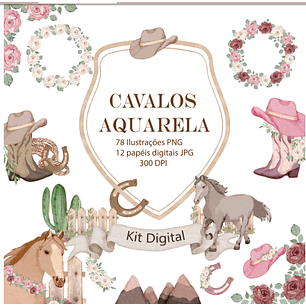 Kit Digital Cavalos Aquarela 