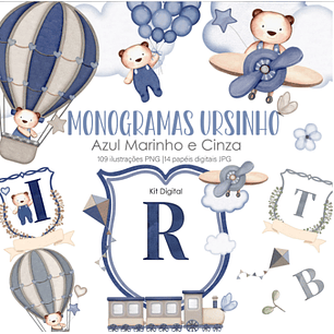 Kit Digital Monogramas Ursinho Azul Marinheiro e Cinza