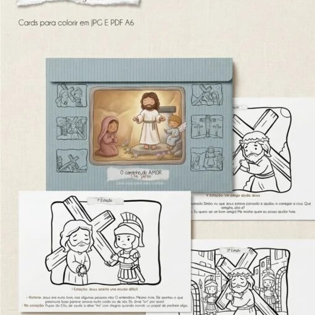 Arquivo Páscoa Cards Colorir A6 Via Sacra para Crianças 1