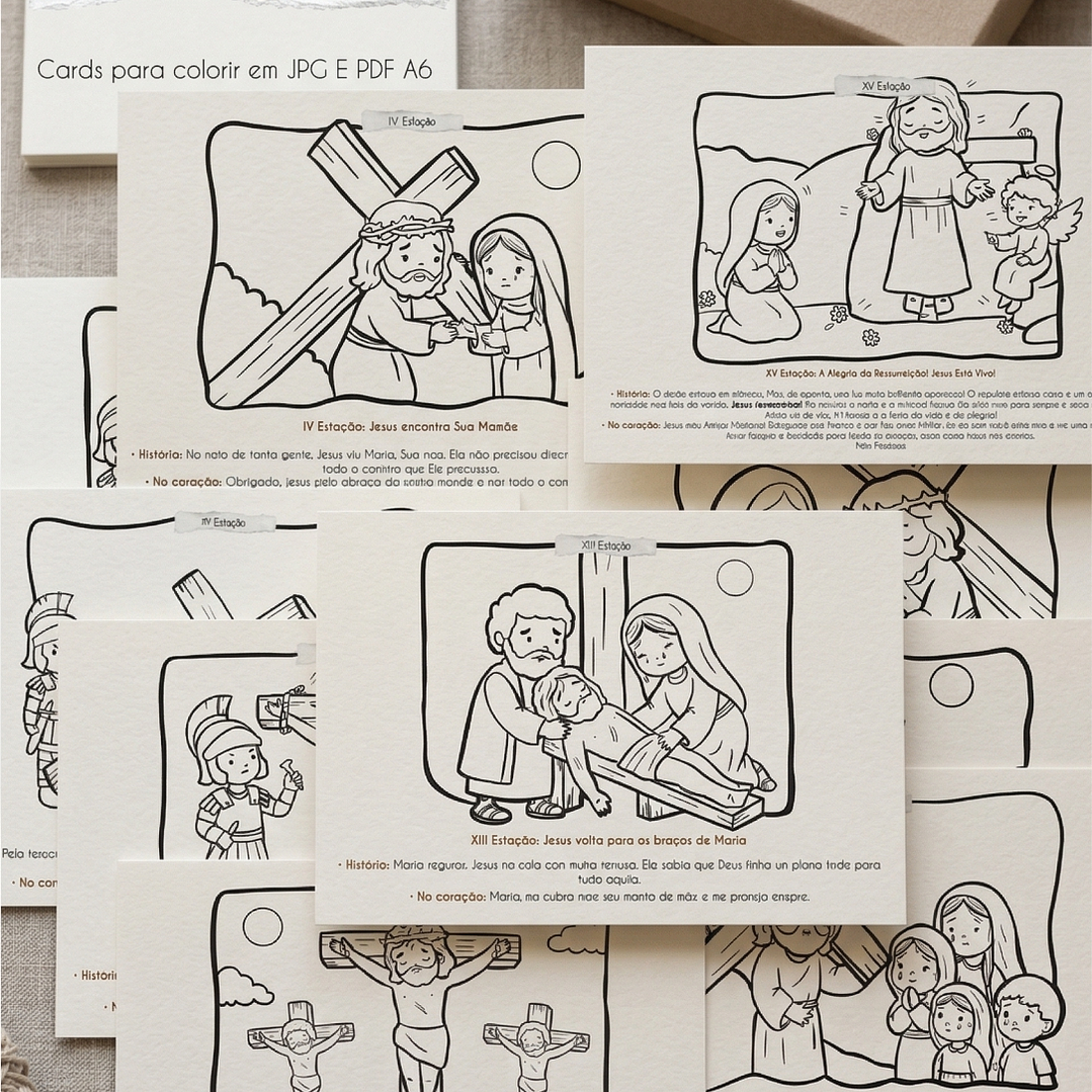 Arquivo Páscoa Cards Colorir A6 Via Sacra para Crianças 2