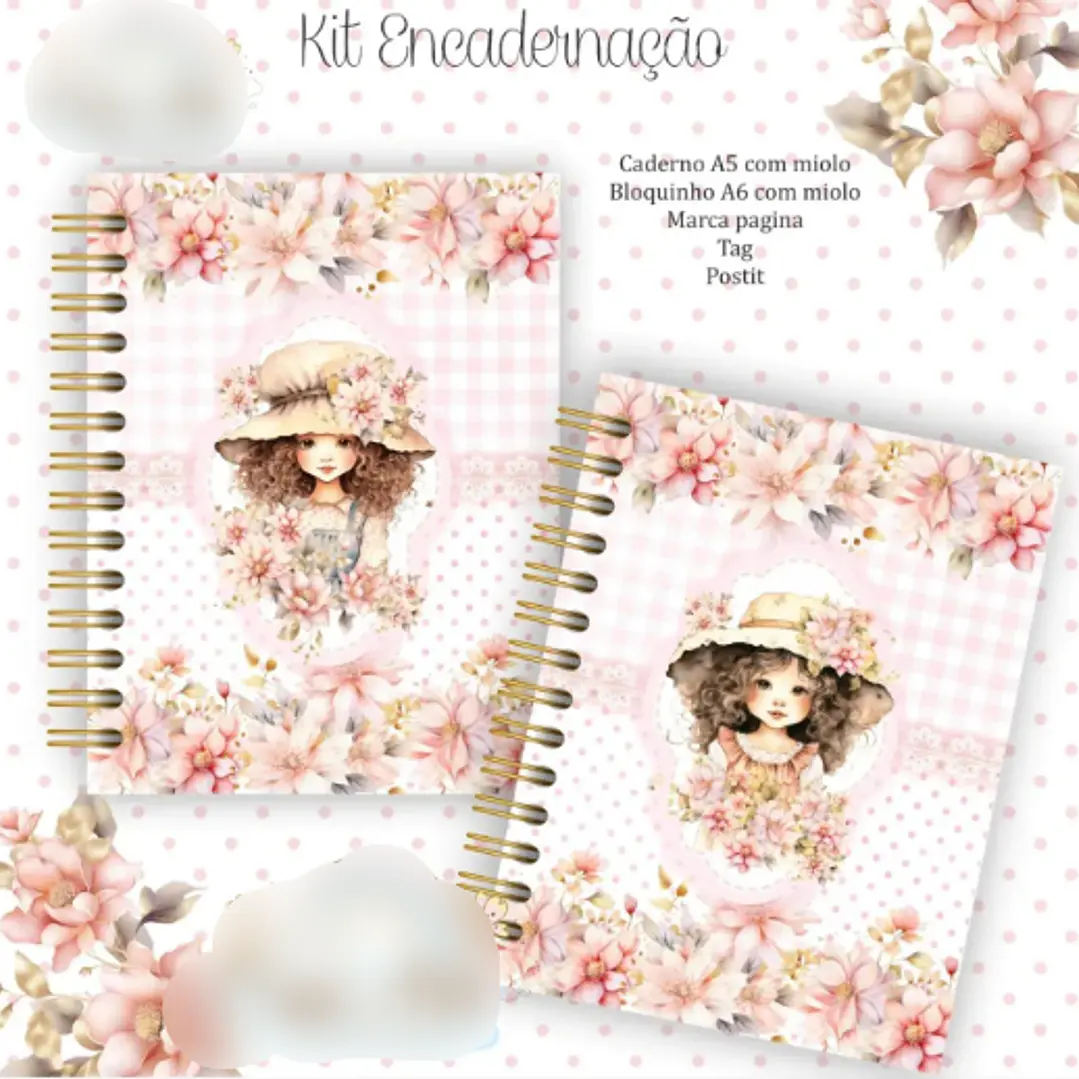 KIT ENCADERNAÇÃO CADERNO A5 E BLOQUINHO MENINAS - CRYS ARTS 1