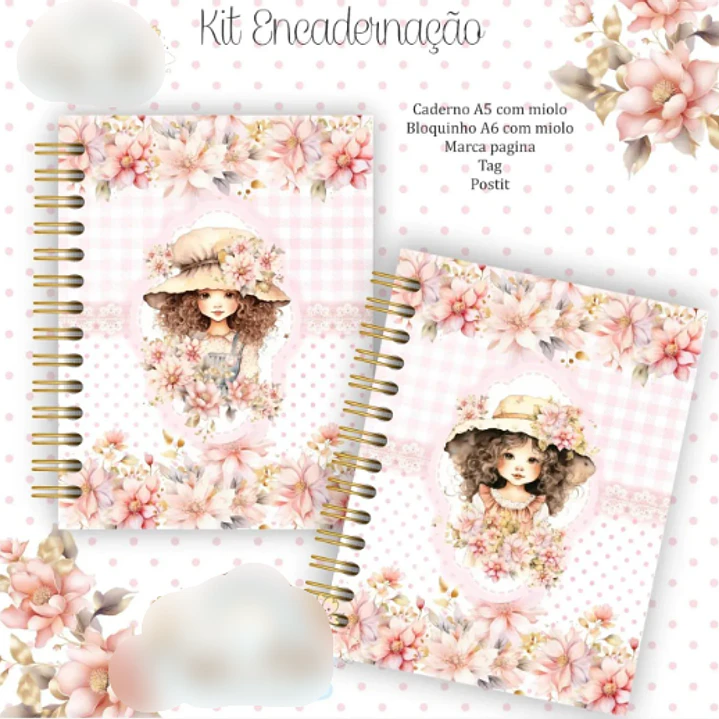 KIT ENCADERNAÇÃO CADERNO A5 E BLOQUINHO MENINAS - CRYS ARTS 1