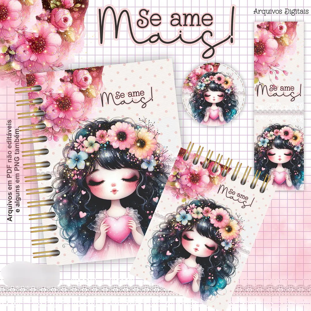 Arquivo Kit Encadernação Se ame Mais - Menina Floral Rosa 1