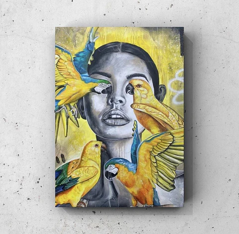 Cuadro Figura Humana: MUJER Y GUACAMAYOS