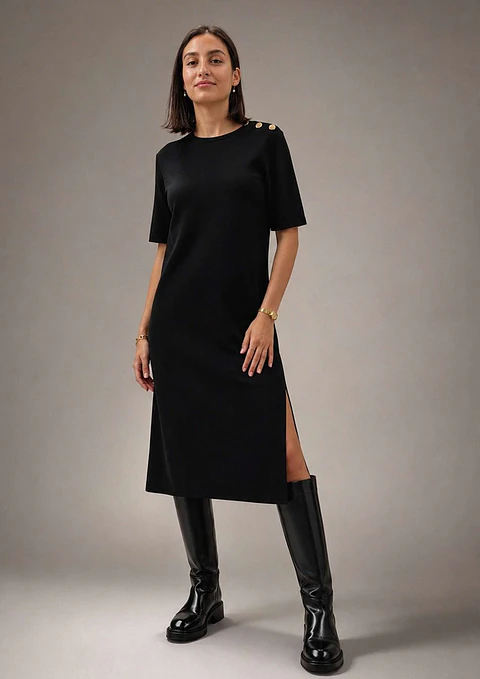 Vestido Knit Midi com Botões Dourados no Ombro