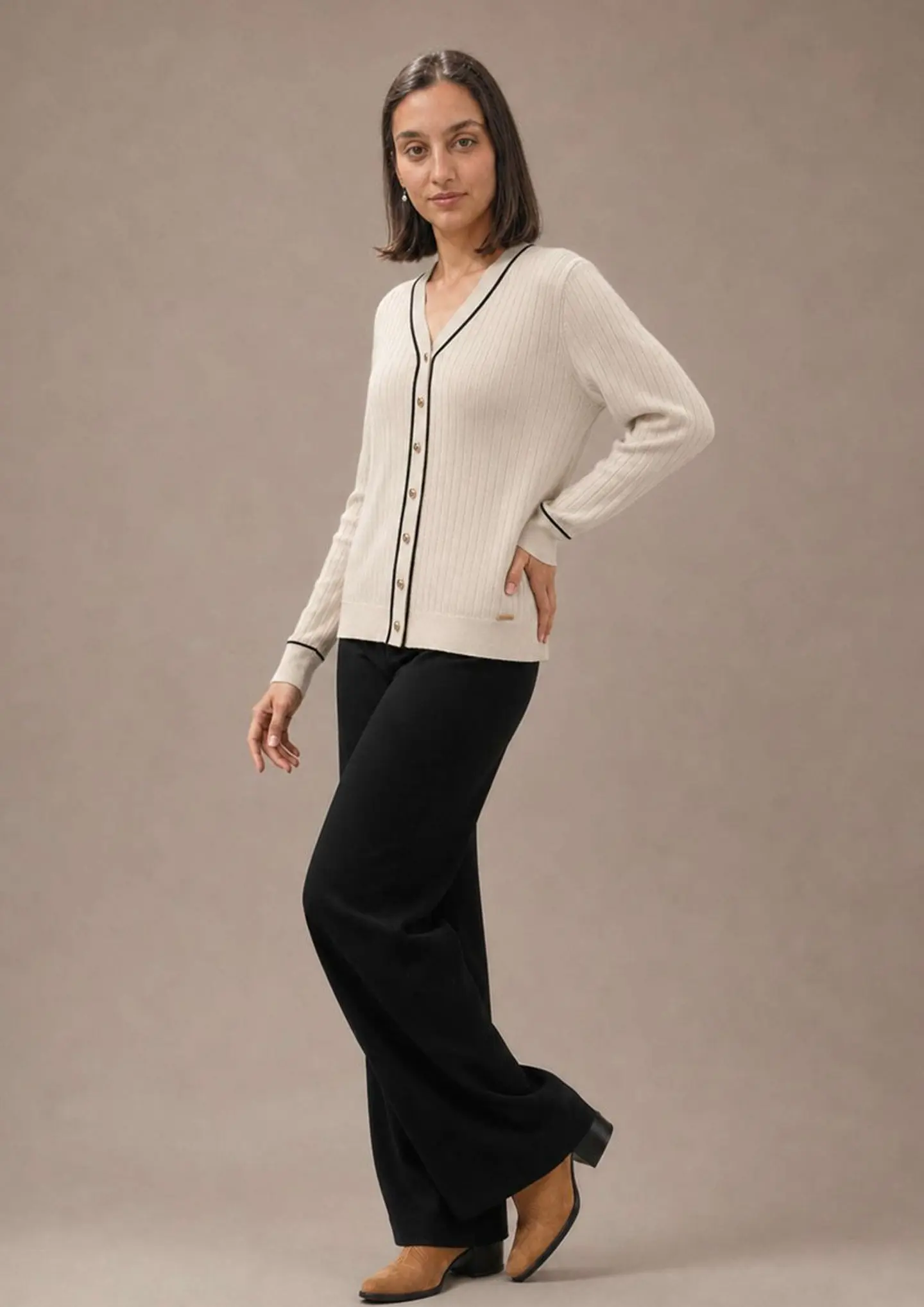 Cardigan Knit Canelado com Debrum em Contraste 1