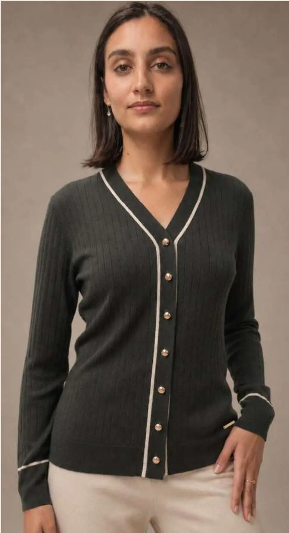 Cardigan Knit Canelado com Debrum em Contraste 6