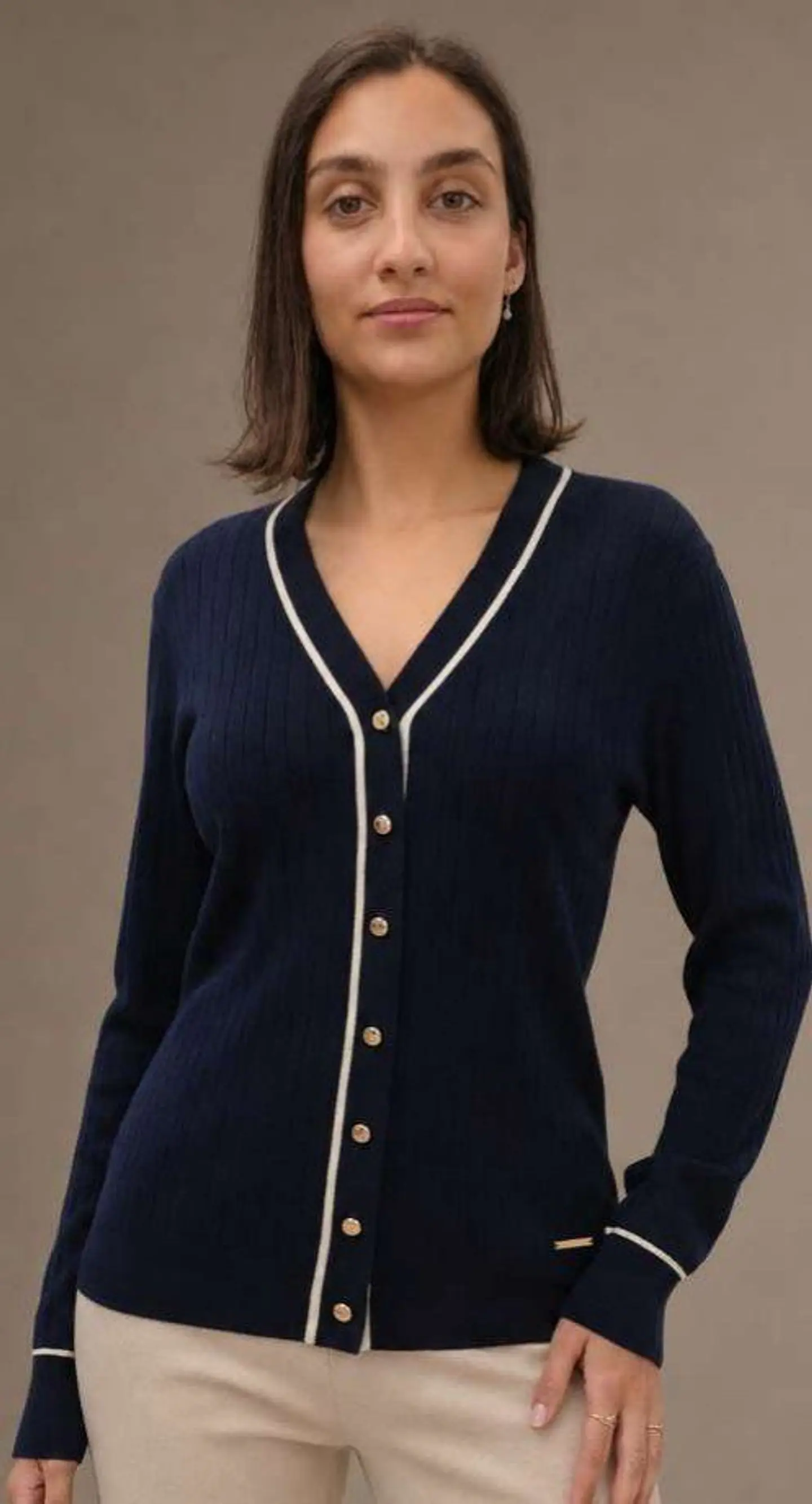 Cardigan Knit Canelado com Debrum em Contraste 7