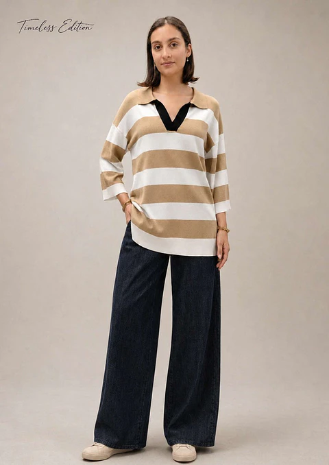 Camisola Knit às Riscas Gola Polo Decote em V