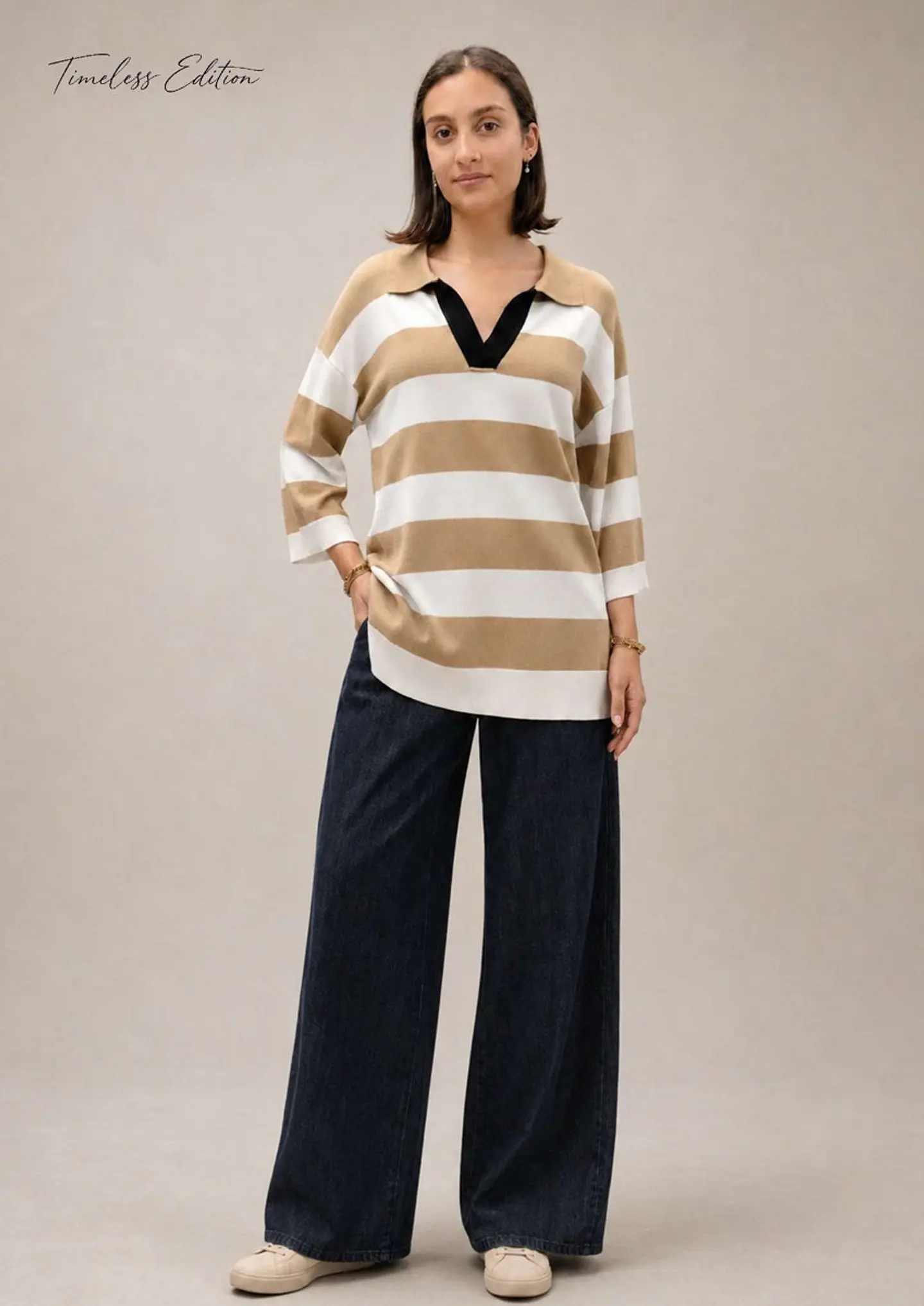 Camisola Knit às Riscas Gola Polo Decote em V 1