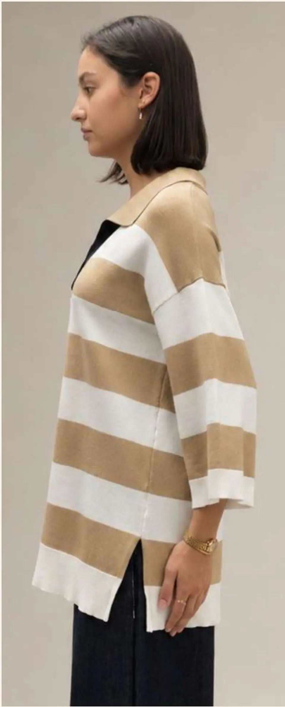 Camisola Knit às Riscas Gola Polo Decote em V 2