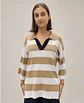 Camisola Knit às Riscas Gola Polo Decote em V - Thumbnail 5