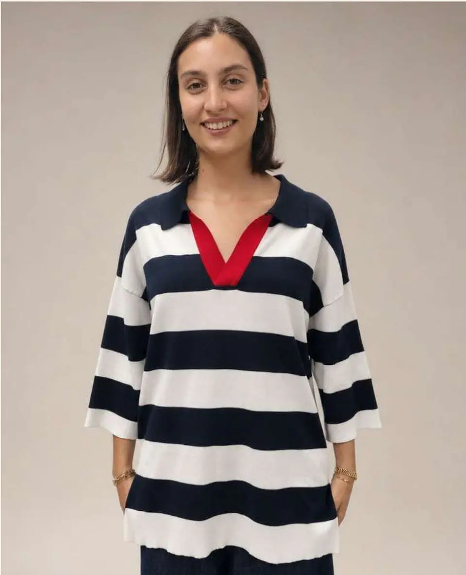 Camisola Knit às Riscas Gola Polo Decote em V 6