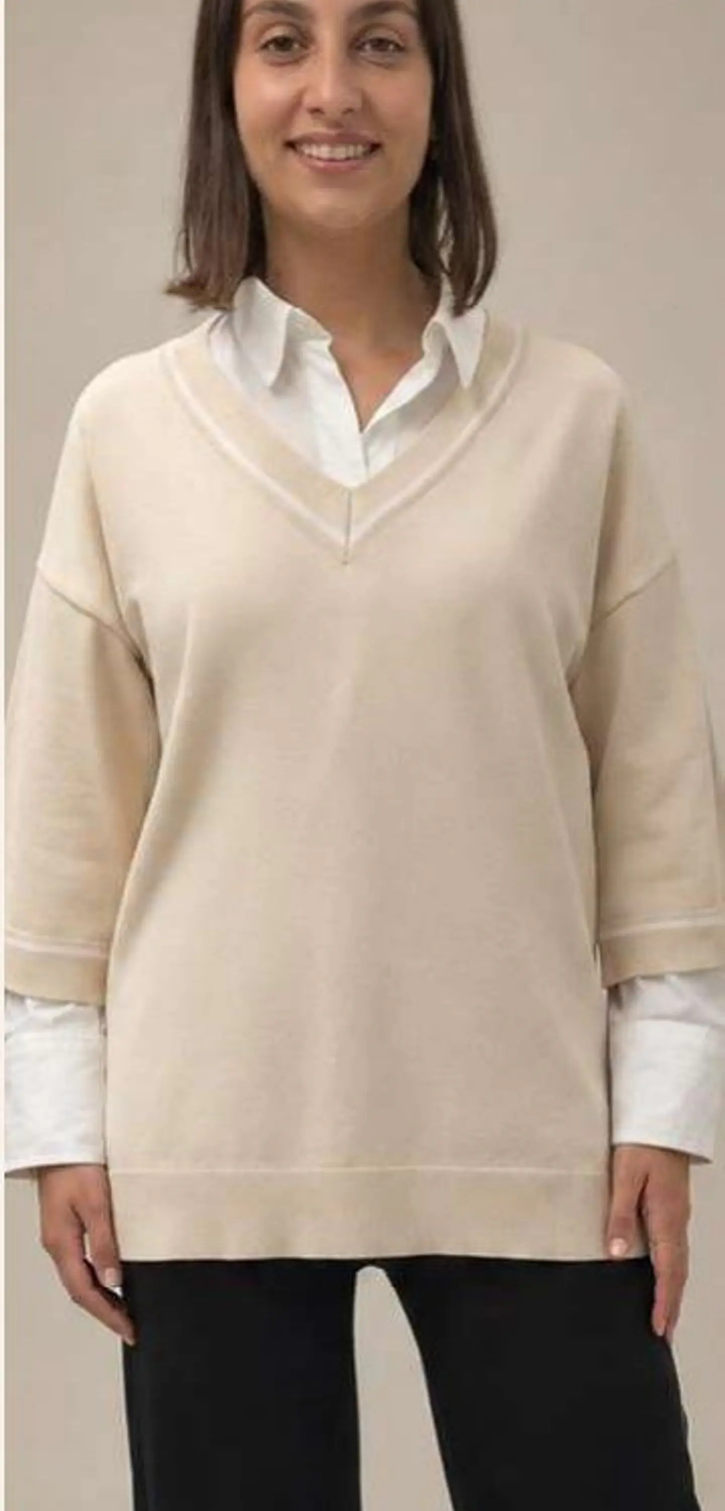 Camisola Knit Decote em V com Risca em Contraste 5