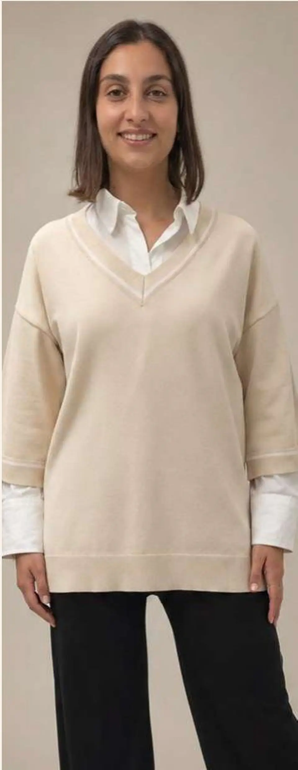 Camisola Knit Decote em V com Risca em Contraste 5