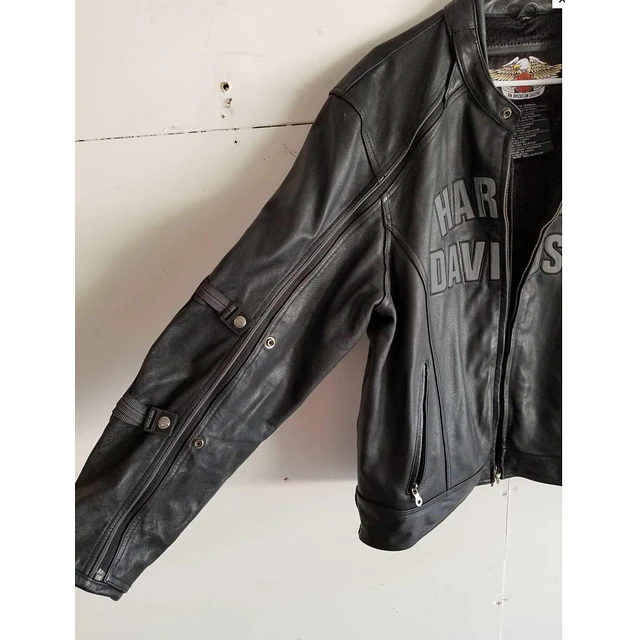 Chaqueta cuero marca Harley Davidson, color negro, modelo desmontable talla XL 1975 7