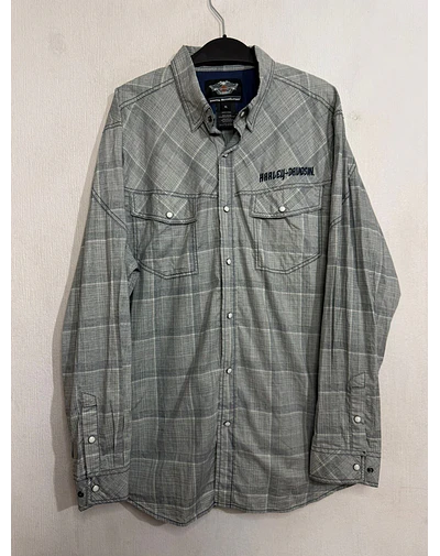 Camisa manga larga marca Harley Davidson, color gris a cuadros, Talla XL 1986