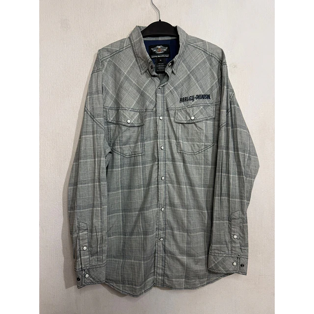 Camisa manga larga marca Harley Davidson, color gris a cuadros, Talla XL 1986 1