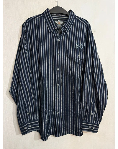 Camisa manga larga marca Harley Davidson, color azul a lineas Talla XL 1991