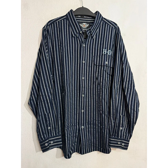 Camisa manga larga marca Harley Davidson, color azul a lineas Talla XL 1991 1