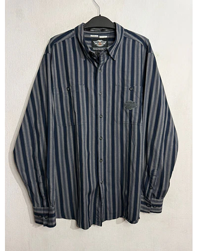 Camisa manga larga marca Harley Davidson, color azul a lineas, Talla XL 1994