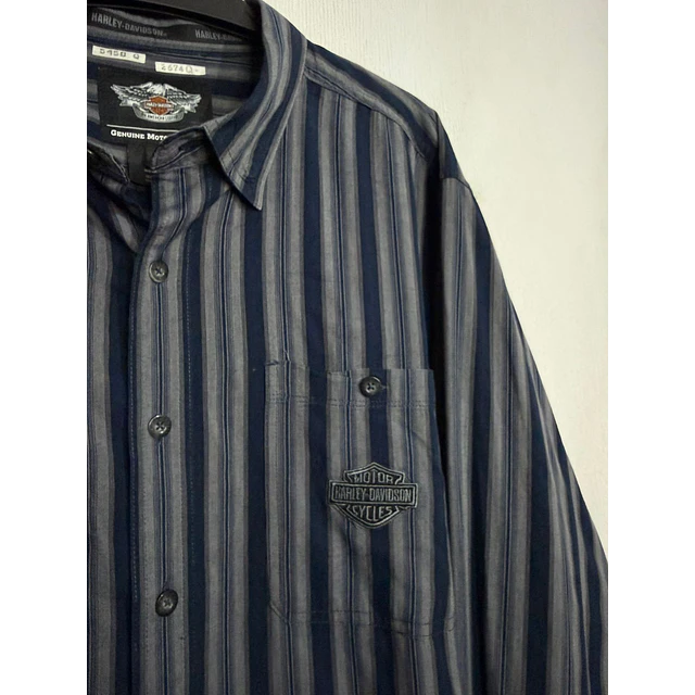 Camisa manga larga marca Harley Davidson, color azul a lineas, Talla XL 1994 2
