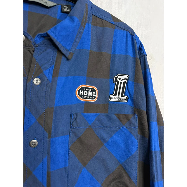 Camisa manga larga marca Harley Davidson, color azul y negro a cuadros, Talla XL 1998 5