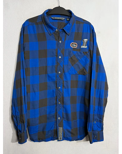 Camisa manga larga marca Harley Davidson, color azul y negro a cuadros, Talla XL 1998