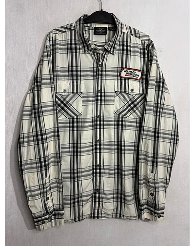 Camisa manga larga marca Harley Davidson, color blanco y negro a cuadros, Talla XL 1999