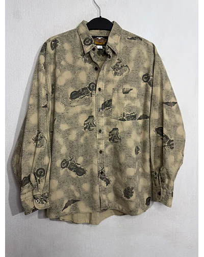Camisa manga larga marca Harley Davidson, color crema con monogra motos, Talla L 2009