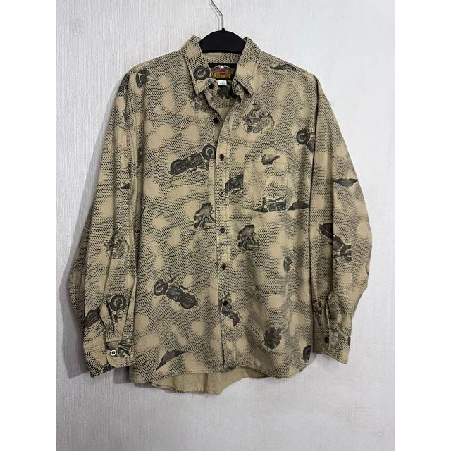Camisa manga larga marca Harley Davidson, color crema con monogra motos, Talla L 2009 1