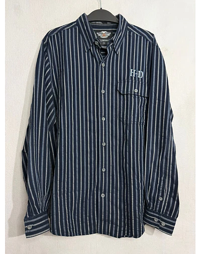 Camisa manga larga, marca Harley Davidson, Color azul a rayas, Talla L 2014