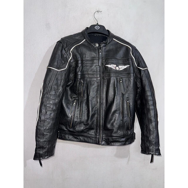 Chaqueta cuero marca Harley davidson, Modelo wing skull reflectante, color negro talla M 2049 1