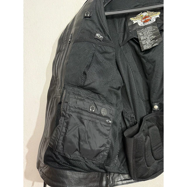 Chaqueta cuero marca Harley davidson, Modelo wing skull reflectante, color negro talla M 2049 12