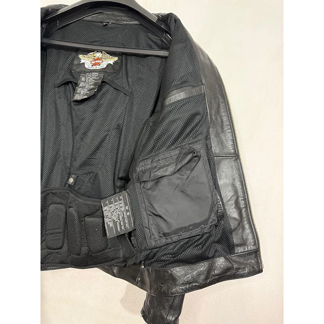 Chaqueta cuero marca Harley davidson, Modelo wing skull reflectante, color negro talla M 2049 14