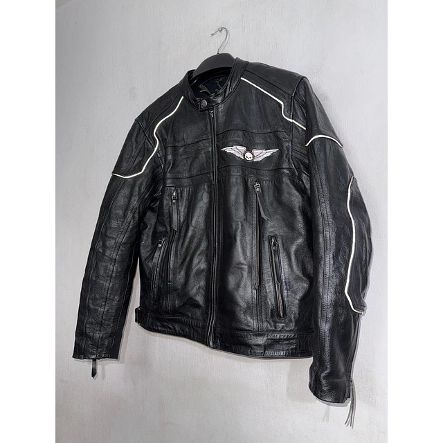 Chaqueta cuero marca Harley davidson, Modelo wing skull reflectante, color negro talla M 2049 20