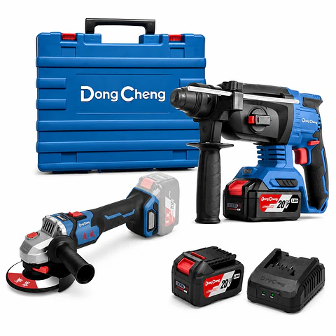 KIT COMBINADO: AMOLADORA INALÁMBRICA 5″ DCSM03-125FK 20V + ROTOMARTILLO SDS PLUS INALAMBRICO DCZC04-24FK 20V 2.7J 2BAT X 5AH DONG CHENG (DCKIT12.02BK)