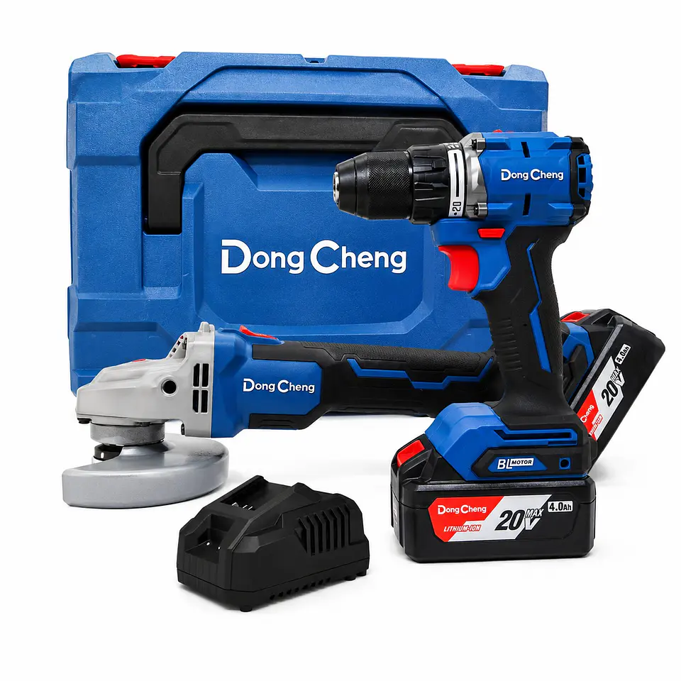 COMBO DCKIT34.02EK: AMOLADORA INALÁMBRICA 5″ DCSM03-125FK  + TALADRO PERCUTOR 1/2″ DCJZ2060i 60NM +2BAT X 4AH DONG CHENG 1