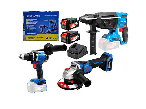 KIT COMBINADO: AMOLADORA INALÁMBRICA 5″ DCSM03-125 20V + ROTOMARTILLO SDS PLUS INALAMBRICO DCZC04-24 20V 2.7J + TALADRO ATORNILLADOR PERCUTOR DCJZ03-13 20V 120NM 2BAT X 5AH DONG CHENG (DCKIT56.02BK)