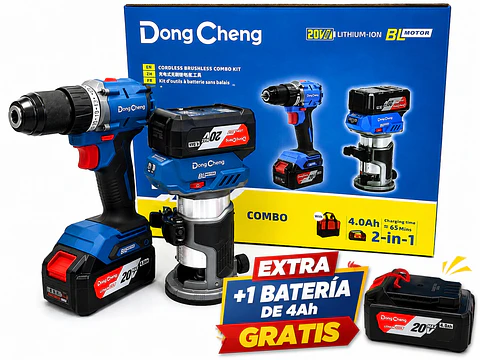 RUTEADORA FRESADORA TUPI DE MANO INALAMBRICA 1/4″ DONG CHENG DCMP6BM 20V BRUSHLESS + TALADRO PERCUTOR DE 60NM  DCJZ2060i+ 2 BATERIAS DE 4AH + CARGADOR , 1 BATERIA DE 4AH GRATIS.